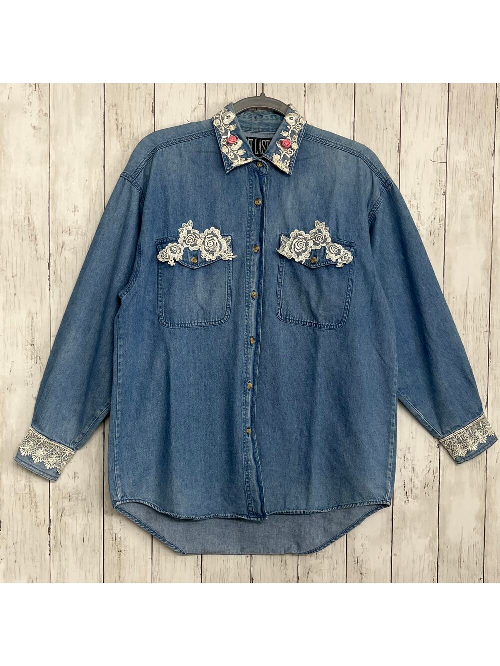Vintage At Last Floral Rose Lace Long Sleeve Button Down Cotton Denim Shirt